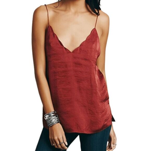 Like New Free People Scallop Satin Burnt Rust Earth Red Orange Camisole - Picture 3 of 9